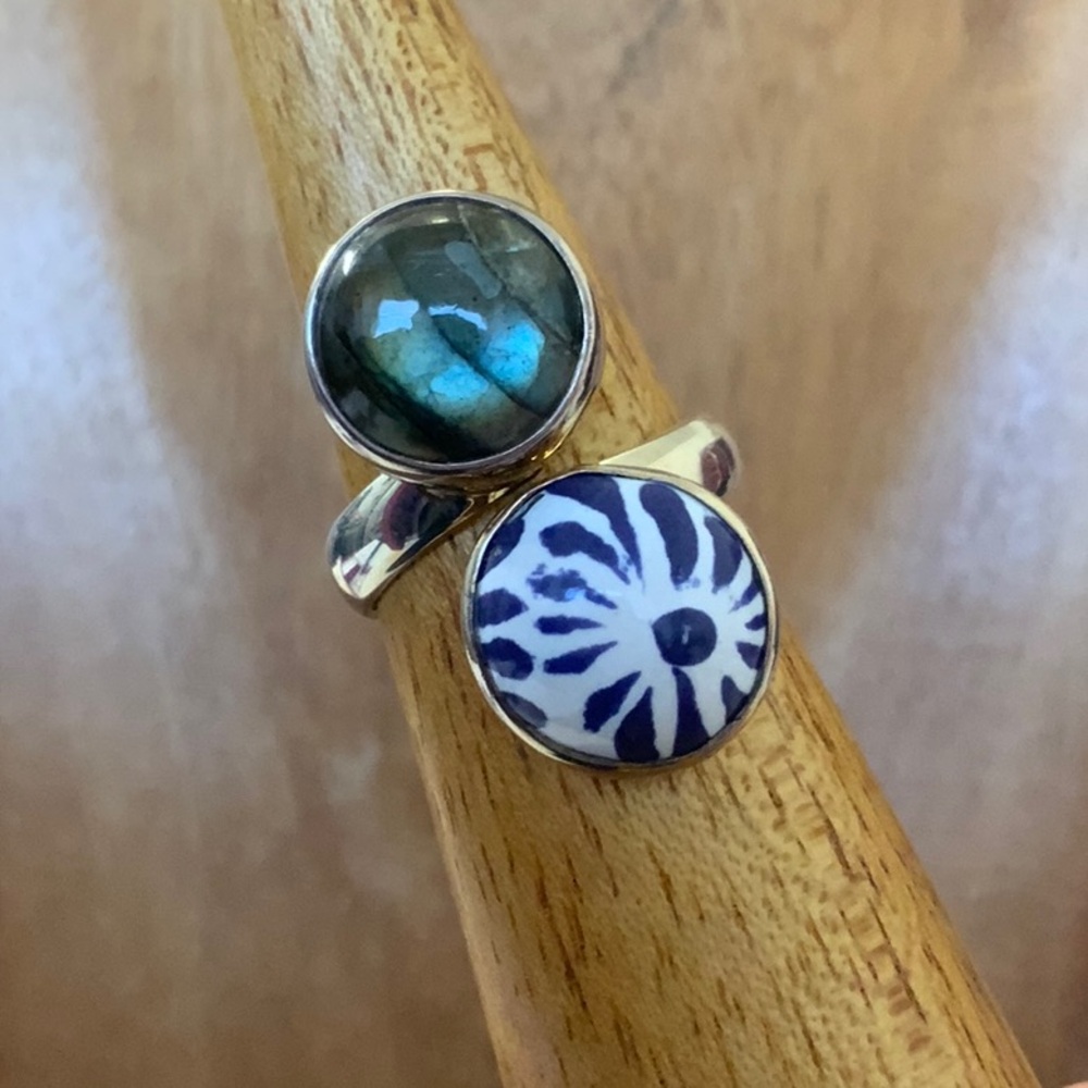 Sterling Silver and Labradorite Stone  and Talavera pottery Women's Ring